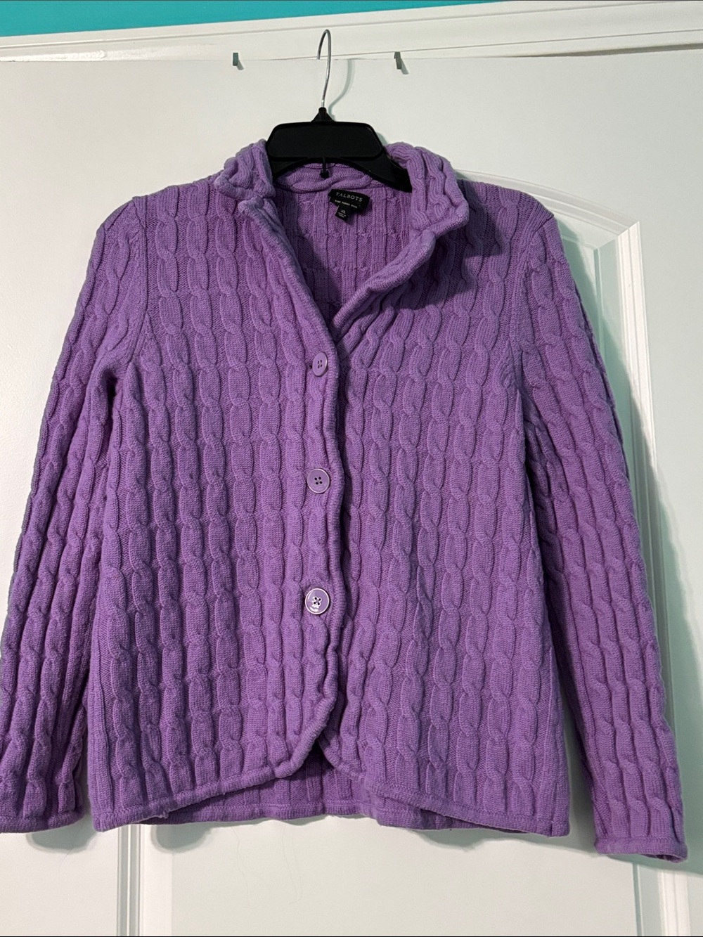 Talbots Purple Pure Merino Wool Cable-Knit Button Cardigan